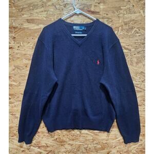 Y2K Polo Ralph Lauren Vintage Lambs Wool Blue V Neck Sweater Size Large